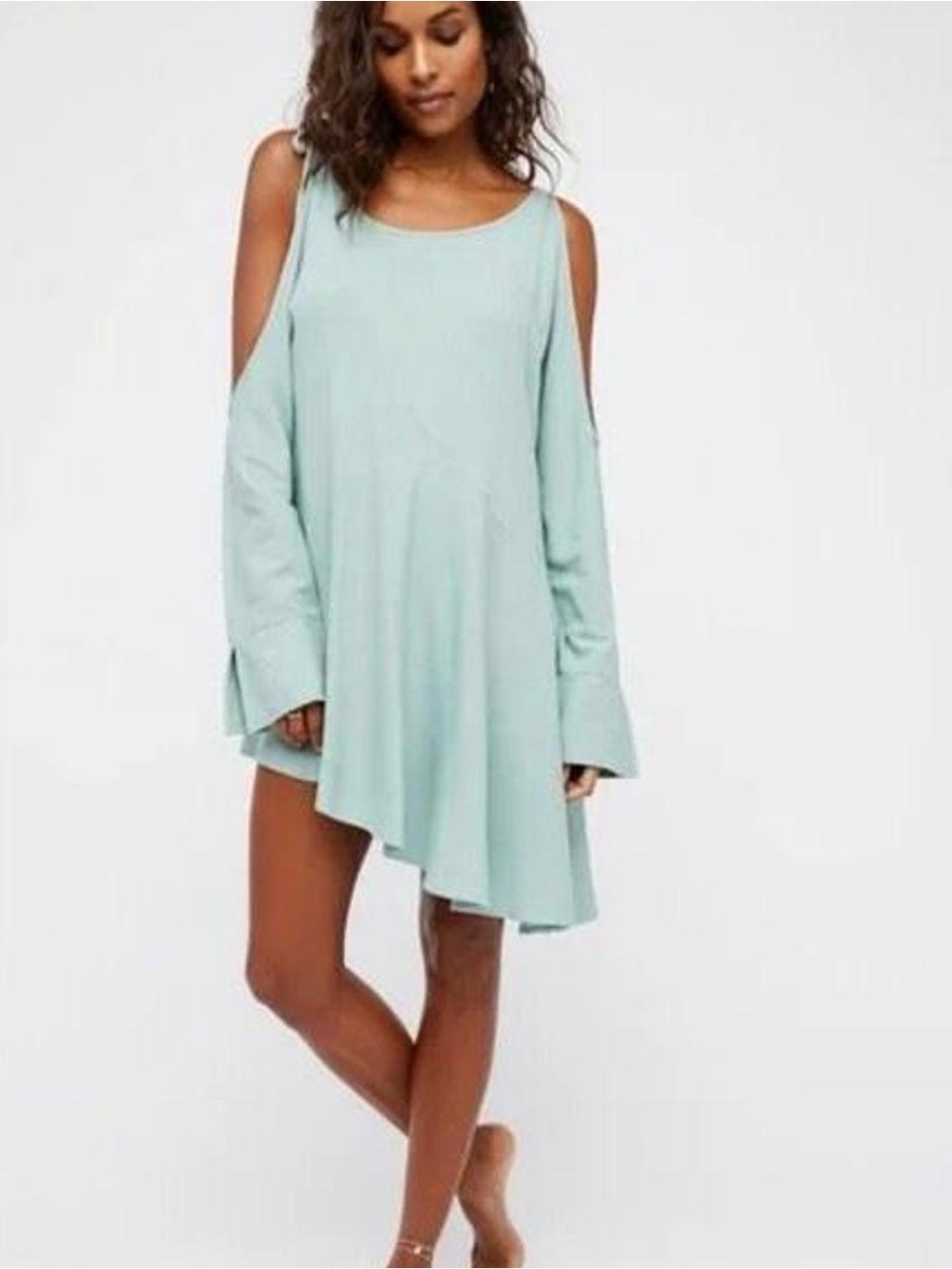 FREE PEOPLE MINT GREEN BLUE ‘COLD SHOULDER’ ASYMMETRICAL TUNIC DRESS SMALL  BNWT